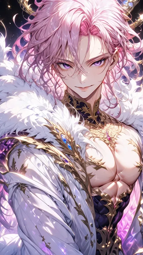 Absurd, high definition, ultra definition, high definition, masterpiece, top quality, detail, anime style,{{White fur}} {{Robe}},  {{bare chest}}, Elegant face, elegant features, detail, {pink hair color}, {{beautiful  long hair}} {bangs} {Beautiful bare s...