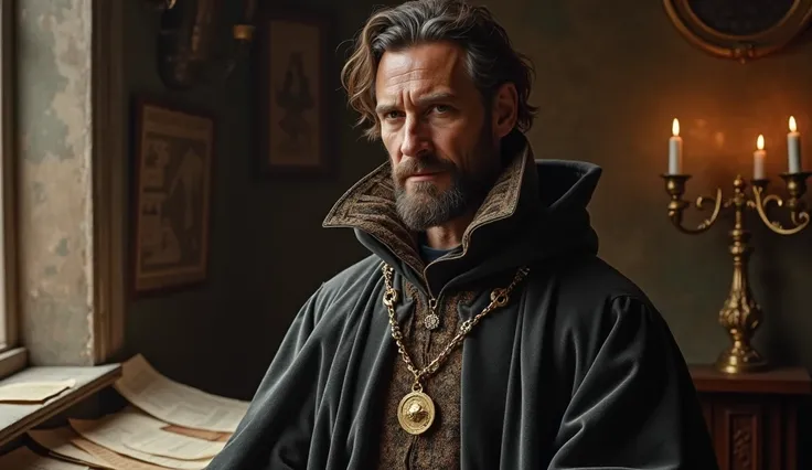 Francis Walsingham at 50 years old, in the 16th century, emanates a sense of cunning and determination. His long, angular face reflects his firm character, with high cheekbones and wrinkles around his eyes and forehead that show the accumulated wisdom of h...