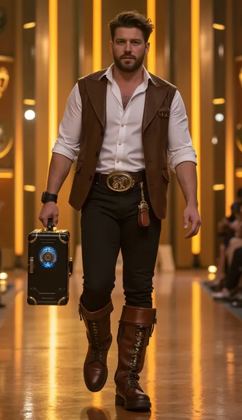 A 28-year-old man with rugged features and a strong build strides confidently across the stage of Got Talent. He wears a steampunk-inspired outfit: a fitted leather vest over a white shirt with rolled-up sleeves, brass goggles resting on his forehead, and ...