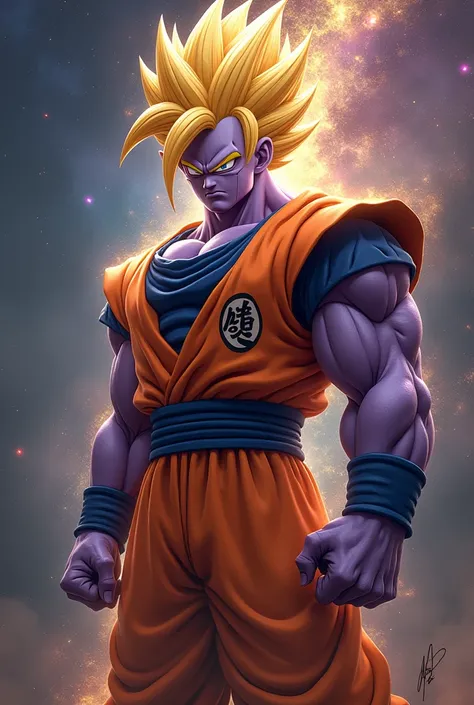 Thanos dressed in Gokus clothes and hair