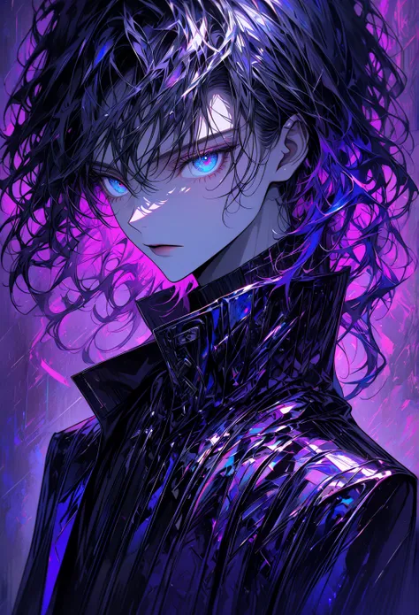 A stylish anime portrait of a young man with dark, voluminous hair, intense blue eyes, and a sophisticated, futuristic silver-toned jacket with hints of deep purple. The image utilizes a vibrant color palette emphasizing deep blues, silvers, and purples, c...