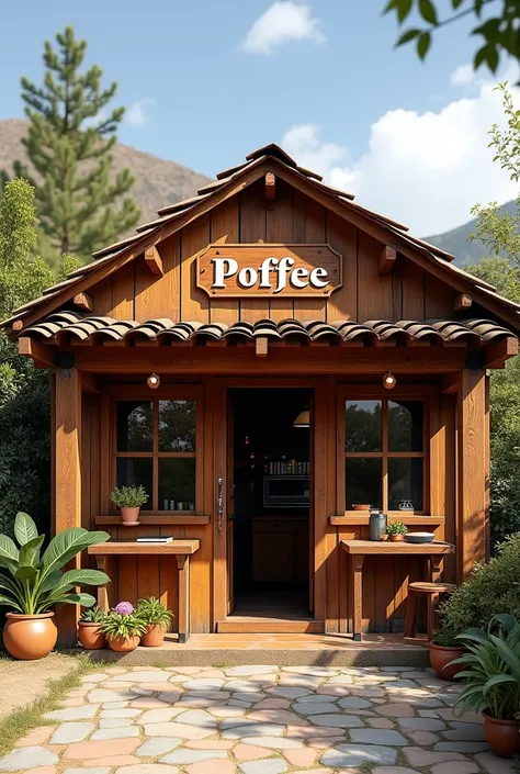 Coffee Shop In La Molina, Peru made of wood and with the name POFFEE above the front door