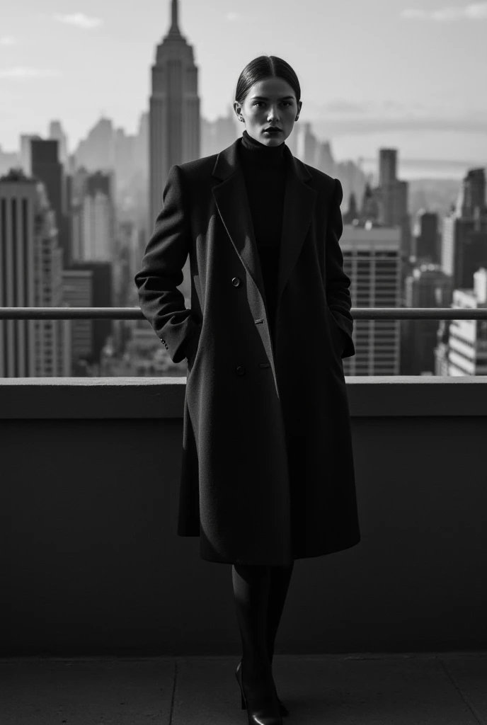 black and white portrait photography, Vogue photoshoot, deep shadows, low light ,full body shot of a European supermodel wearing a classy overcoat, smoking a cigarette, New york fashion, standing on a terrace in manhattan, Manhattan skyline in the backgrou...