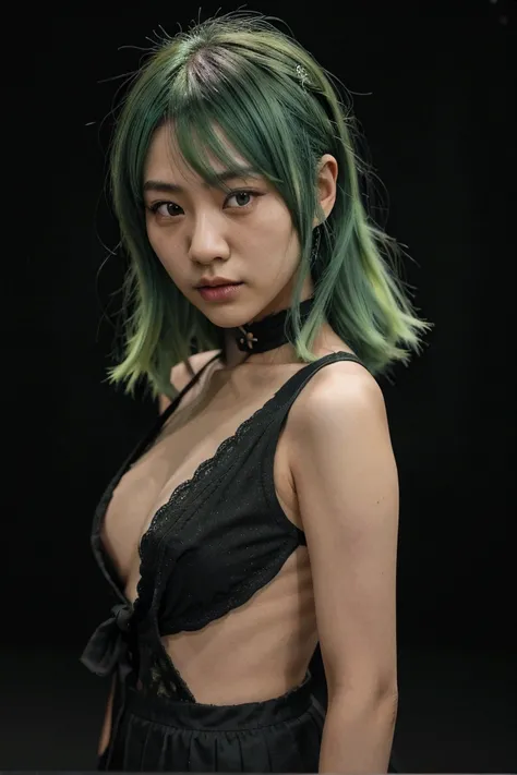 A Japanese girl with green hair, real black background, realistic, realism,high-quality, shot on sony a7iv 35mm 1.8 lens 