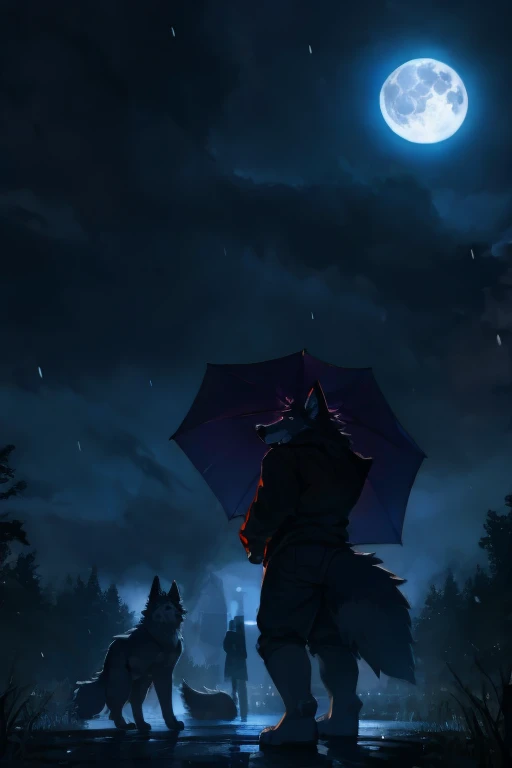 a black and purple wolf,(detailed realistic wolf face,detailed realistic wolf body),standing in a park at night under a full moon,(detailed realistic night sky,detailed realistic rain,detailed realistic umbrella in wolf paw),cinematic lighting,dramatic moo...