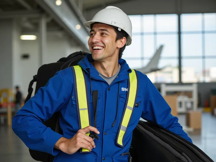 homem happy de 25 anos,  carrying suitcases , working, happy, heavy work, heavy suitcases ,  blue uniform, safety helmet, safety vest , airplane background
