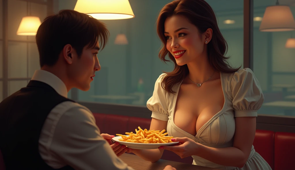 A sexy and big breast waitress offers a plate of fries with a kind, knowing smile, her uniform pristine, as a lonely customer looks up at her in quiet gratitude.