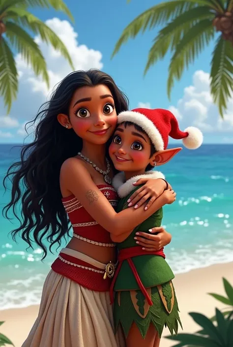 Moana hugging a Santa Claus elf 