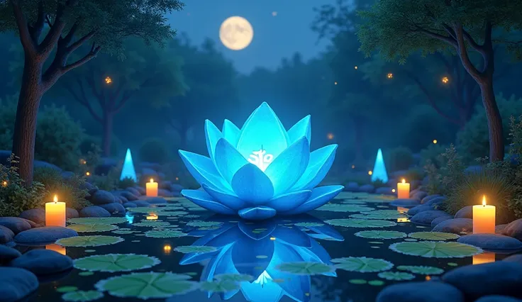  in the background a small central yellow moon , 3 yellow roses ,  at night,  7 green water lilies fluorescent above the water ,  at night,  in the background 5 green crystal pyramids , 7 velas  in the background a small central yellow moon , 3 yellow rose...