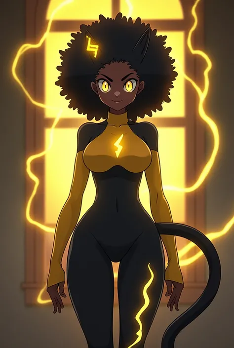 ((black panther Pokémon)) ((Electric Type)) ((curvy slim figure)) ((window with Yellow thunderstorm in the background)) ((round sexy butt)) ((beautiful beast)) ((Beautiful Black soft furry body with yellow lightning marks)) ((black panther ears with glowin...