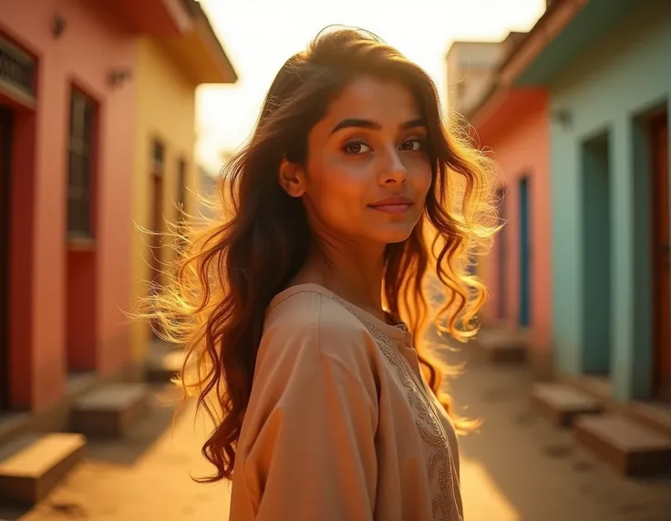 A captivating Bollywood movie poster featuring an young woman , Durga, in a side profile face shot. She is standing outdoors in a vibrant Rae Bareilly street. Durga exudes innocence, beauty, and quiet strength. Her outfit is modern —a flowing kurti and ski...