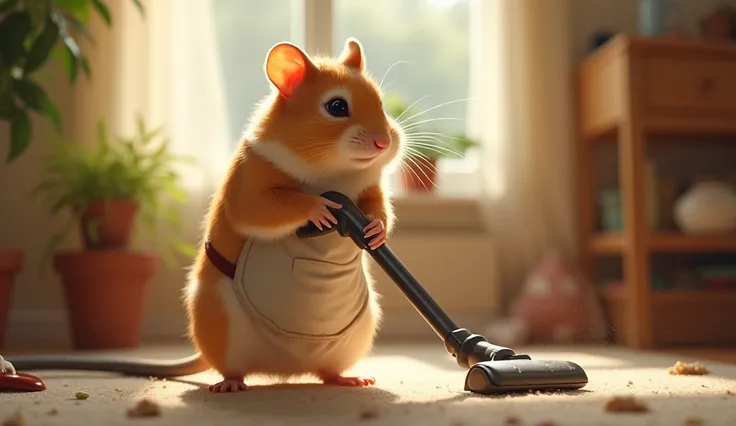 Golden hamster mother wearing an apron, vacuuming the living room at home. The scene is depicted in a realistic style, showcasing the warm and cozy atmosphere of a domestic environment. The hamster is focused on her task, with the vacuum cleaner in motion,...