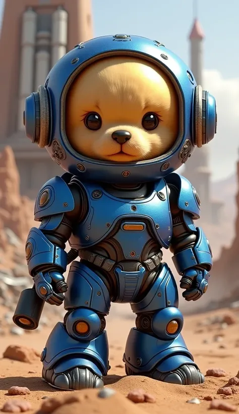 Terran (Starcraft) Style

Main Subject: Chibi anthropomorphic Golden Retriever puppy with oversized head, enormous round eyes, with Terran marine armor exhibiting a militarized design in deep cobalt blue metallic with silver details, its massive oval-shape...