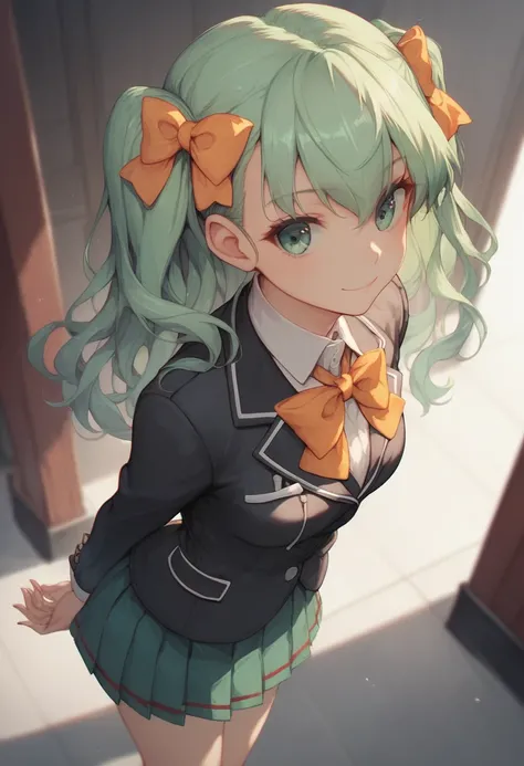  Kantai Collections Suzuya 　Kane no Suzuya 　Long green hair　 has an orange bow around her neck 　uniform　 is wearing a black pleated skirt 　 wearing a black blazer over a light brown sweater　 green eyes　 from above　 cute　 smiling　Hands clasped behind back