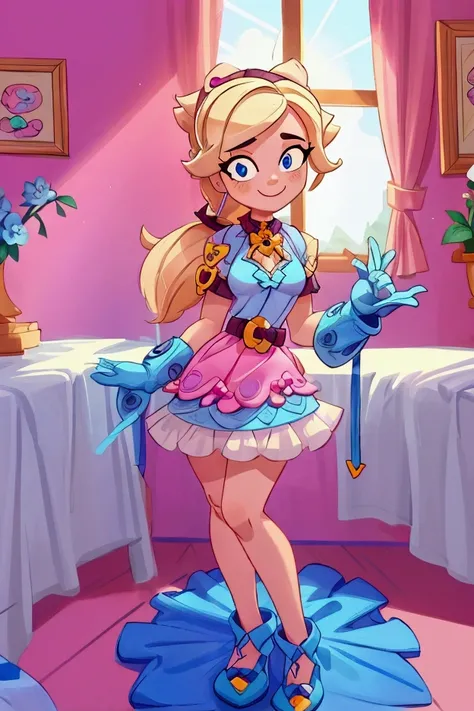 "Masterpiece, best quality, Piper from Brawl Stars, blonde long hair, ponytail in hair, blue eyes, standing indoors with intricate details and sunlight. Blue frilled dress with short neckline, pink gloves, pink belt, earrings, blue heels. Sweet smile, sexy...