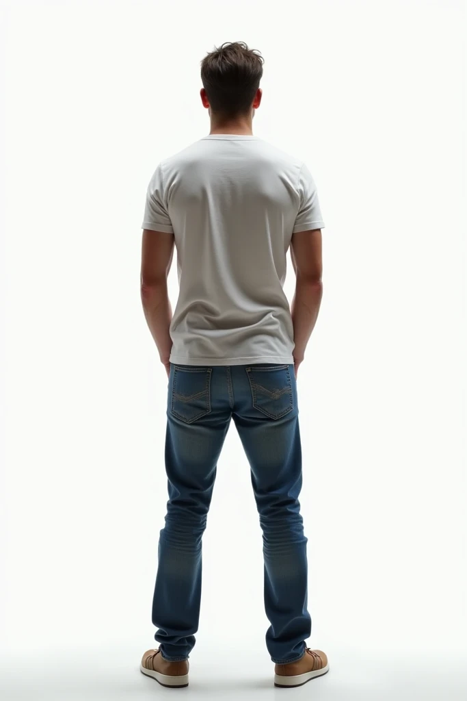 A man stand back face wear jeans tshirt with white background realistic pic
