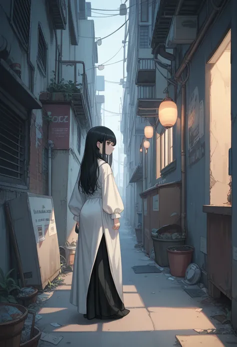 masterpiece,best quality ,ultra detailed,anime style, Back alley, dimly lit, horror image, entrance to a narrow alley, the end of the alley is pitch black and cannot be seen, a girl standing by the entrance, a ghost girl, her legs are missing and cannot be...