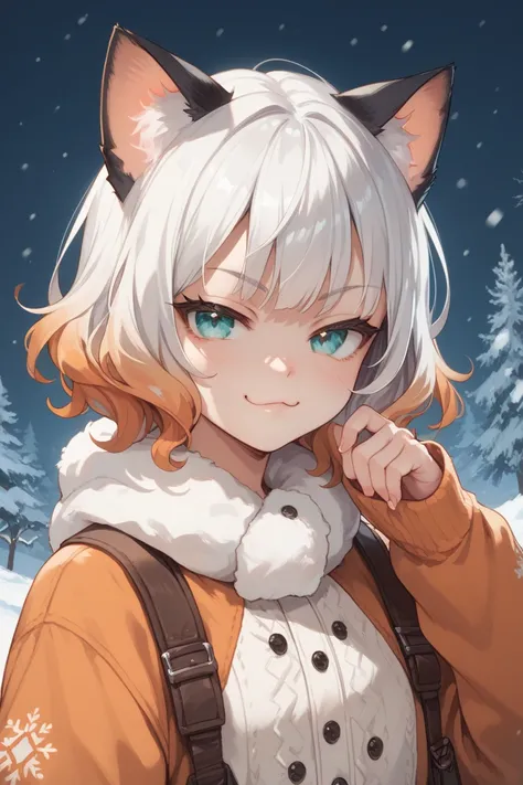 solo, smug face, cat girl, :3, teenager , aqua eyes, white hair, gradient orange hair, white hair, short wavy bob hair ,cat orange ears ,gradient up black ears, solo, winter