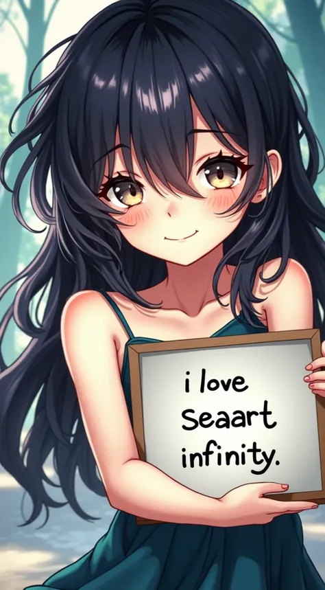 Beautiful girl with wavy long hair, bohemian dress, holding a white board with text "I Love Seaart Infinity" and showing it to the viewer