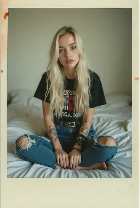 Add a polaroid filter of a 16-year-old American girl with a grunge and punk outfit, long platinum blonde hair, brown eyes. In her room sitting on the bed with a white bottom.