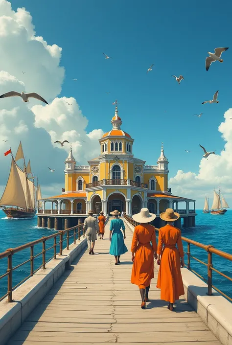 Photo dun magnifique casino coloré et  ancien des années 1900, au bout dune jetée sur la mer avec des magnifiques voiliers de toute les couleurs avec les voiles dehors, sur la mer, et cinq hommes et femmes habillés en vêtements et chapeaux colorés des anné...