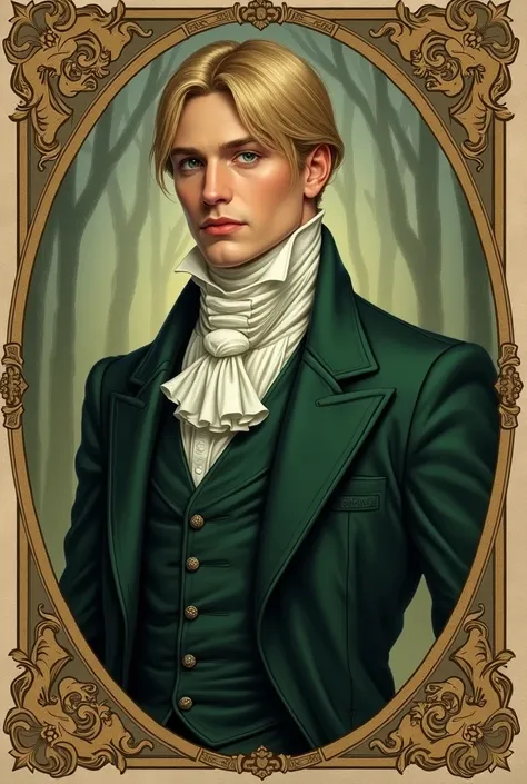 Drawn Portrait of a handsome blond gentleman, straight short hair, Draco Malfoy, dark green eyes, dark green suit, regency era, vintage fantasy Portrait art