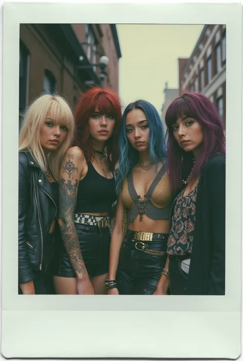 Polaroid image of 5 member female punk rock band from USA , named SEATTLE QUEENS. 

Members: (Blair-singer )with medium long blonde hair, grey eyes, white skin. (Raven-guitarist ) with medium short wavy black hair, light brown eyes, white skin. (Sky-bassis...