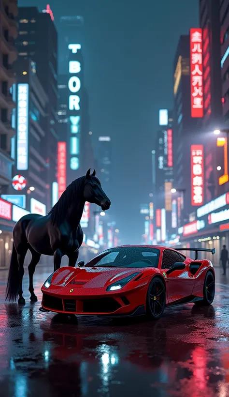 In this captivating image, a sleek red Ferrari sports car and a majestic black horse stand facing each other against a backdrop of a futuristic cityscape at night. The Ferrari, with its glossy red exterior, symbolizes speed, luxury, and modernity, while th...