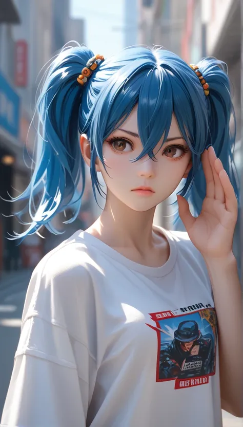 Put one hand on your lower back ,Black Street Fashion, 1 girl, Blue Hair, Brown Eyes, Hair Between Eyes, Twintails, Action Figure,