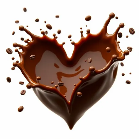 An eye-catching high-speed photography-inspired scene showcasing a stunning heart-shaped splash of rich, aromatic coffee liquid. The splash bursts with intricate details, featuring smooth, flowing curves and suspended droplets that convey energy and motion...