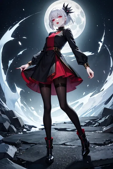  anime picture 、 full-body portrait crossing the camera、Pale Skin Woman: The Vampires Ice Master、Full moon night sky、A pale, skin-colored woman about 29 years old, about 170 cm tall, wearing a black long sleeve dress and a black long skirt, surrounded by i...