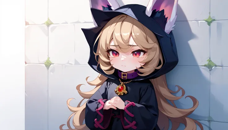 (masterpiece:1.3), (best quality:1.3), (very detailed), (anime style:0.1), game cg, anime coloring,((simple white background)),VexLoLXL,big eyes,yordle,shortstack,red eyes,((light brown hair,bangs,long hair)),shiny_skin,white_skin,white skin,black hood,hoo...
