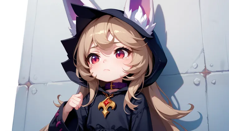 (masterpiece:1.3), (best quality:1.3), (very detailed), (anime style:0.1), game cg, anime coloring,((simple white background)),VexLoLXL,big eyes,yordle,shortstack,red eyes,((light brown hair,bangs,long hair)),shiny_skin,white_skin,white skin,black hood,hoo...