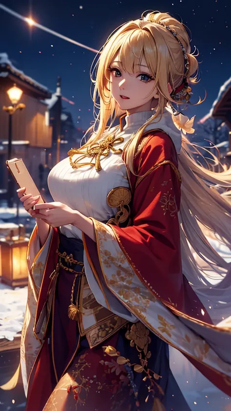     Masterpiece   ,     High Quality     , 4K, Beautiful design,  blonde alone     ， 非常に詳細な夜の    starry sky      , Illuminations，       Stunning ,         delicate details,  Very knowledgeable woman           , Highly detailed solo,  1 Woman ,Big Breasts，S...