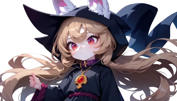 (masterpiece:1.3), (best quality:1.3), (very detailed), (anime style:0.1), game cg, anime coloring,((simple white background)),VexLoLXL,big eyes,yordle,shortstack,red eyes,((light brown hair,bangs,long hair)),shiny_skin,white_skin,white skin,black hood,hoo...
