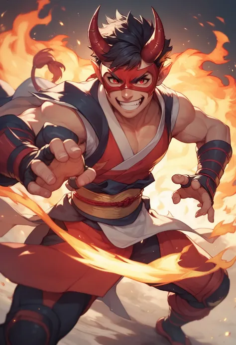 fight between two samurai, hero mask, demon, horns, fire, red eyes