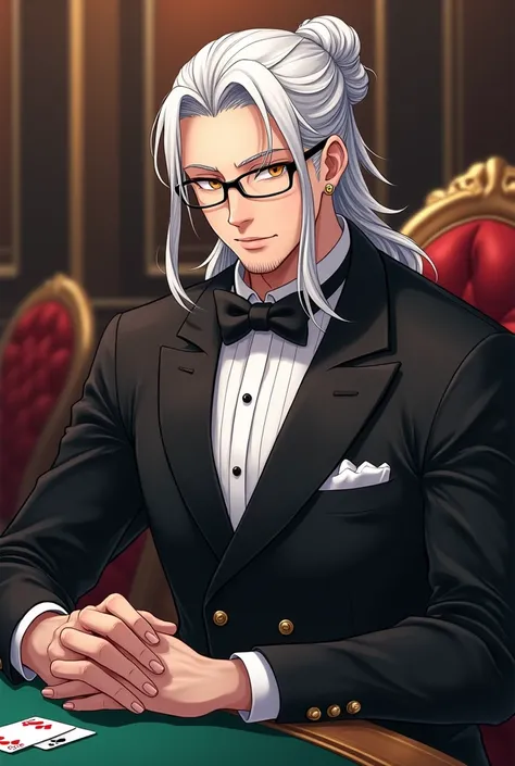 beautiful art with a pleasant style depicting a middle-aged man, tall, in a classic black and white suit, with long white, slightly wavy hair, gathered in a careless bun. his facial features are soft and rounded, his eyes amber and sharp. white straight ey...