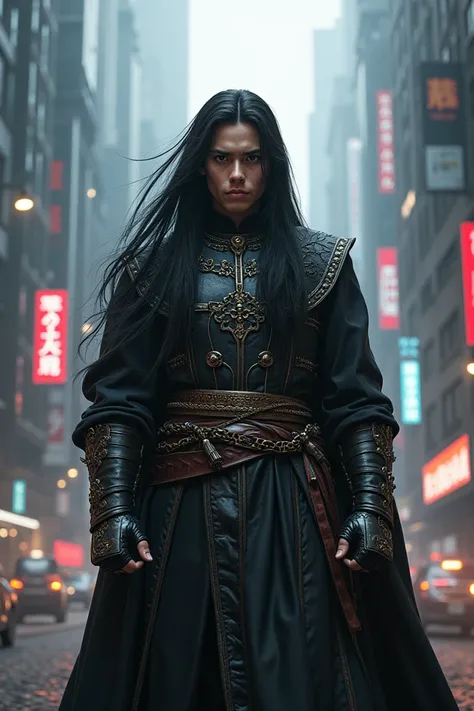 "A heroic young man with long, flowing black hair and a piercing gaze stands confidently in a detailed, traditional fantasy outfit. Replace the background with a modern cityscape featuring towering skyscrapers, neon lights, and bustling urban activity, ble...