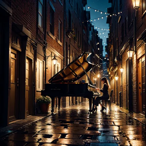 A woman plays soft, emotional music on a grand piano in an old city alley, with wet cobblestone streets reflecting the warm light of the streetlamps.