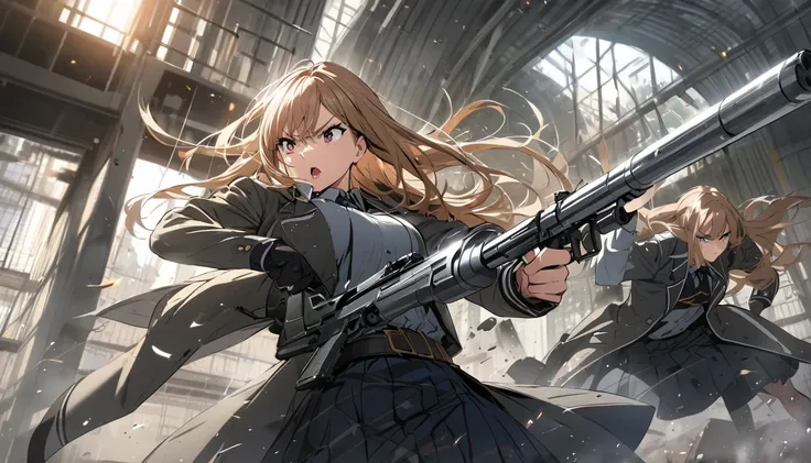  top quality,high school girl with a gun,fight,uniform,Beauty, long hair