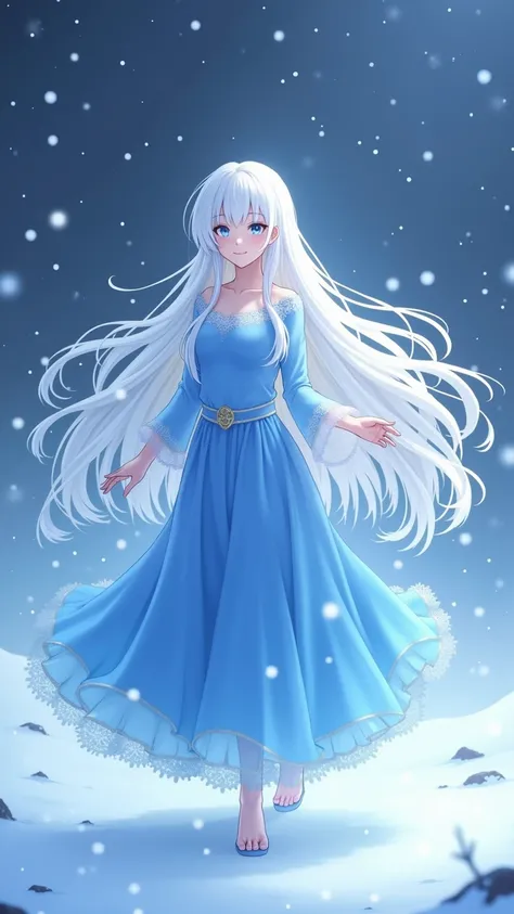  Long haired white haired anime girl in a blue dress in snow,  White-haired Deity ,   White hair floating in the air  , Anime fantasy illustration, flowing white hair,  Beautiful young spirit , Beautiful fantasy anime ,  Fluid hair of glowing people , Ethe...