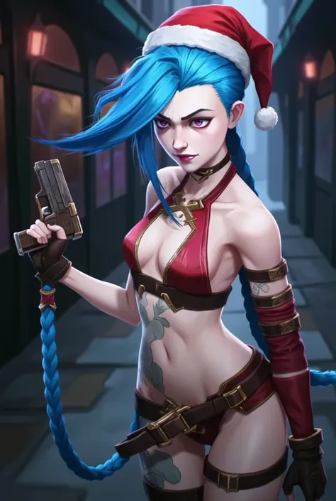  Jinx character portrait wallpaper in Arcane ，Jinx, who has long blue hair and braids, sexy dynamic pose holding a  gun, indifferent， expressionless face ，Blurry city alley background ，big breasts, red christmas outfit, red christmas hat