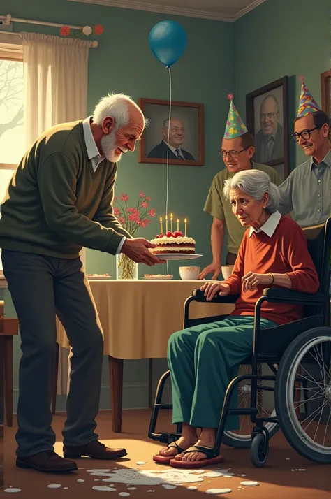  You are an illustrator talented specialized in creating emotionally charged and detailed scenes.  Your task is to capture the depth and emotional complexity of a specific moment .

** Scenario to be illustrated :**
 - An elderly man approaches his wife , ...