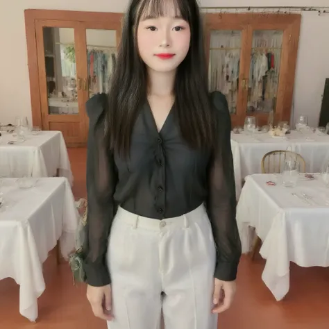 Thanh Thuy, This is a high-resolution photograph capturing a young woman standing in an elegant, upscale restaurant. She is positioned slightly off-center to the left, gazing directly at the camera with a neutral expression. Her long, dark brown hair is st...