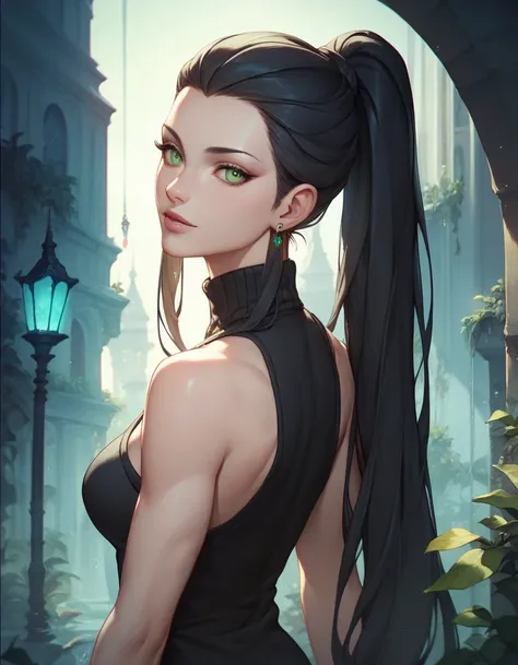 female sleeveless black turtleneck, bare shoulders, racerback, bare toned arms, beautiful faces, black ponytail with showing forehead, long ponytail, black earrings, soft smooth skin, pale skin, night city background, green eyes, sci-fi