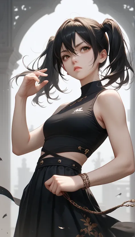 Place one hand on your lower back and one hand 🫰, Black Street Fashion, 1 girl, Black Hair, Brown Eyes, Hair Between the Eyes, Twintails, Action Figure,