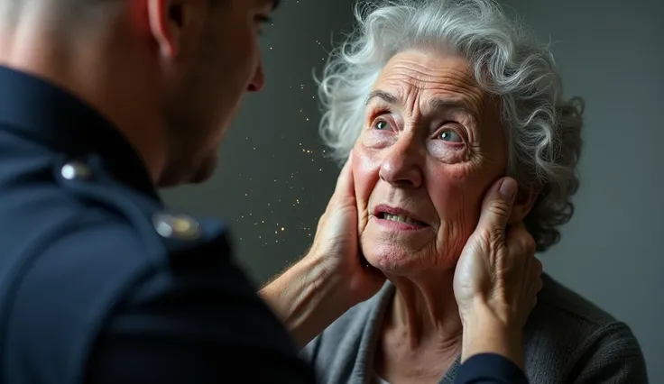 An intense scene showing a police officer, with fair skin and uniform, at the exact moment his open hand hits the face of an elderly woman with dark skin. The police officers hand is in full contact with the elderly womans face, with the skin on her cheek ...