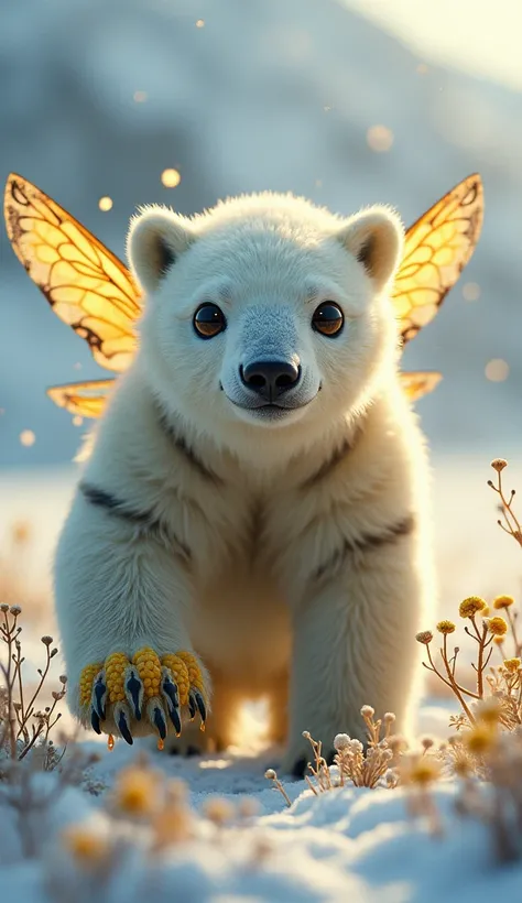 "Create a fantastical hybrid animal combining features of a polar bear and honeybee. The creature should have the powerful, muscular body of a polar bear with its thick white fur, but with honeybee-like features integrated—such as delicate, translucent win...