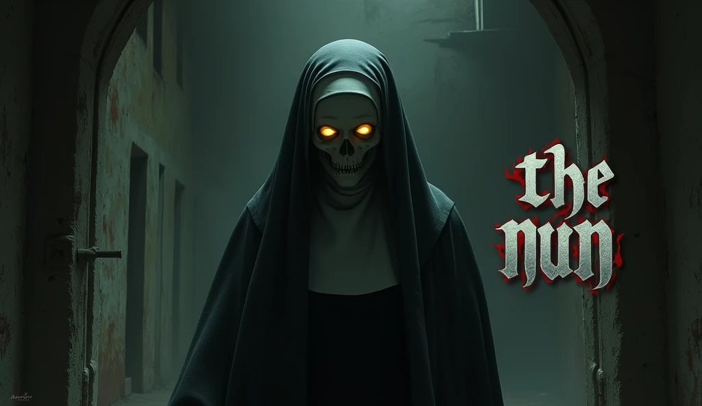 "Create a haunting depiction of a sinister nun with glowing yellow eyes, dressed in a dark habit, in a dimly lit, eerie environment. The background should evoke fear with shadows and a faint outline of a decrepit room. Include gothic-style text that says T...