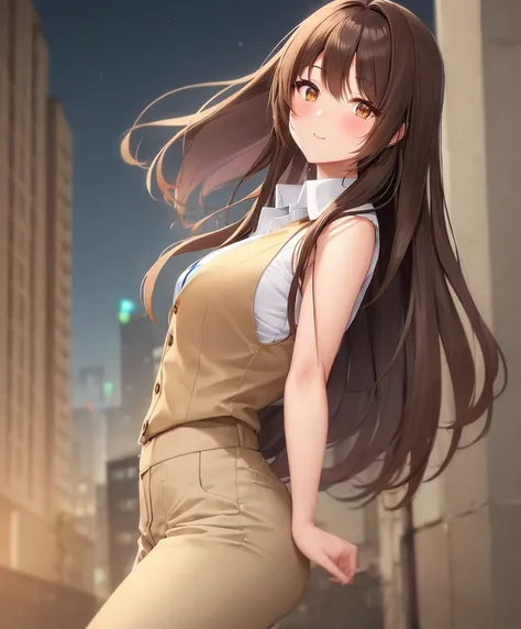 beautiful sexy anime girl with long brown hair, wearing white sleeveless button up collared shirt with a blue vest over it & beige khaki pants, in a abandoned urban construction site at night time, 1girl, solo